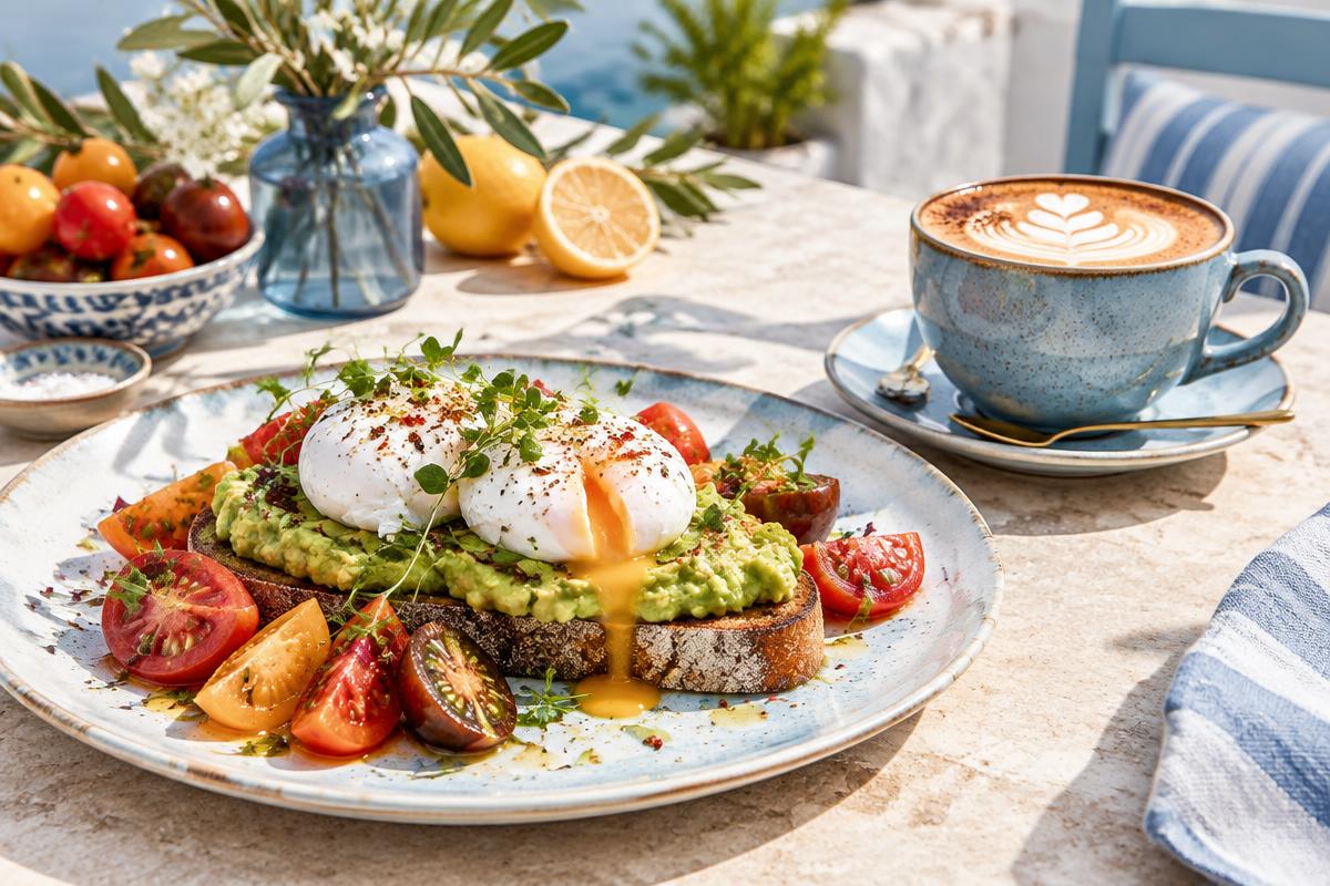 Avocado toast with poached eggs and a cappuccino on a sunlit table