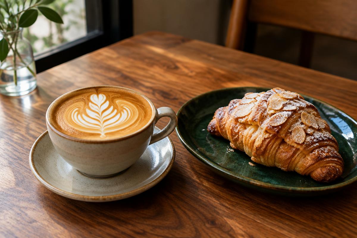 Flat white and almond croissant on a warm timber café table