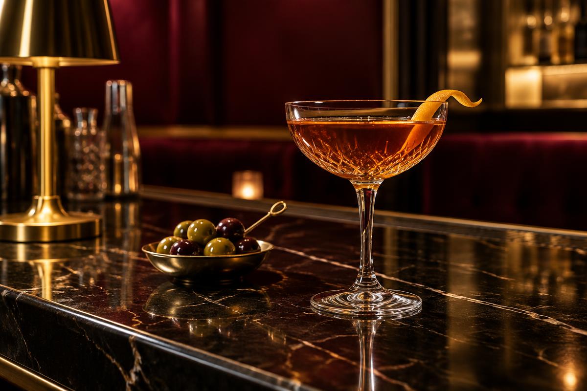 Amber signature cocktail served in a crystal coupe at an elegant bar