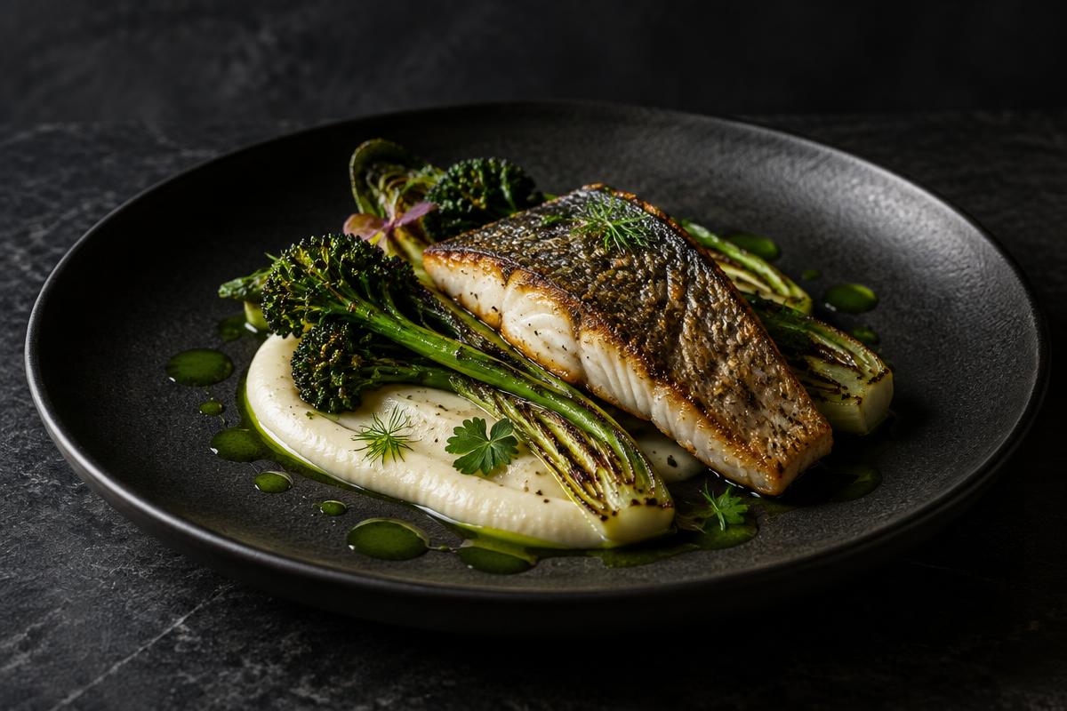 Grilled sea bass served with cauliflower purée and seasonal greens